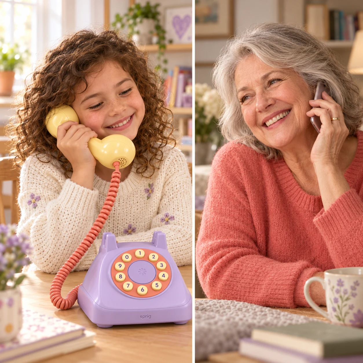 A child smiles into their yellow Sprig handset while Grandma shares the moment from her smartphone